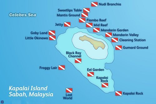 Map of Kapalai, Sabah, with dive site flags around the sandbank